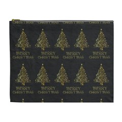 Merry Christmas Tree Typography Black And Gold Festive Cosmetic Bag (xl) by yoursparklingshop