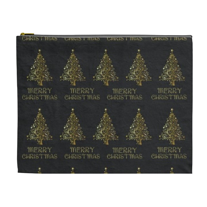 Merry Christmas Tree Typography Black And Gold Festive Cosmetic Bag (XL)