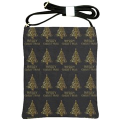 Merry Christmas Tree Typography Black And Gold Festive Shoulder Sling Bags by yoursparklingshop