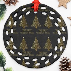 Merry Christmas Tree Typography Black And Gold Festive Ornament (round Filigree)  by yoursparklingshop