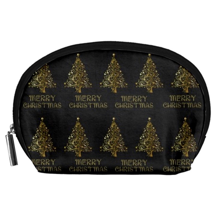 Merry Christmas Tree Typography Black And Gold Festive Accessory Pouches (Large) 