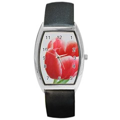 Red Tulip Watercolor Painting Barrel Style Metal Watch by picsaspassion