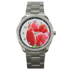 Red Tulip Watercolor Painting Sport Metal Watch by picsaspassion