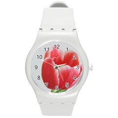 Red Tulip Watercolor Painting Round Plastic Sport Watch (m) by picsaspassion