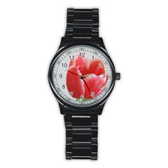 Red Tulip Watercolor Painting Stainless Steel Round Watch by picsaspassion