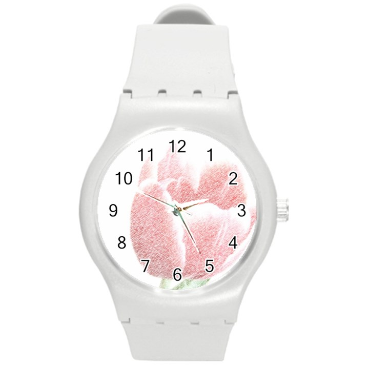 Red Tulip pencil drawing Round Plastic Sport Watch (M)