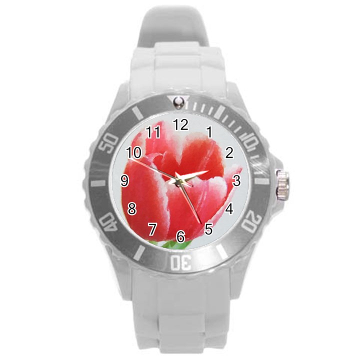 Tulip red watercolor painting Round Plastic Sport Watch (L)