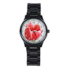 Tulip Red Watercolor Painting Stainless Steel Round Watch by picsaspassion