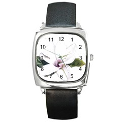 White Magnolia Pencil Drawing Art Square Metal Watch