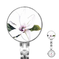 White Magnolia Pencil Drawing Art Stainless Steel Nurses Watch by picsaspassion