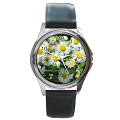 White Summer Flowers Watercolor Painting Art Round Metal Watch