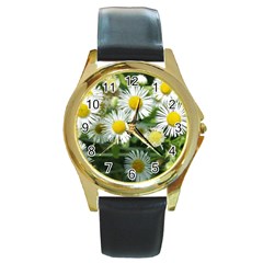 White Summer Flowers Watercolor Painting Art Round Gold Metal Watch