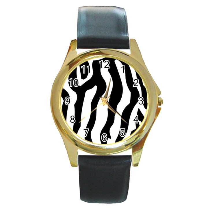 Zebra horse skin pattern black and white Round Gold Metal Watch