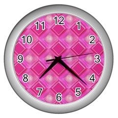 Pink Sweet Number 16 Diamonds Geometric Pattern Wall Clocks (silver)  by yoursparklingshop