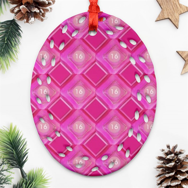 Pink Sweet Number 16 Diamonds Geometric Pattern Ornament (Oval Filigree) 