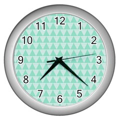 Mint Color Triangle Pattern Wall Clocks (silver)  by picsaspassion