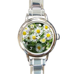 White Summer Flowers, Watercolor Painting Round Italian Charm Watch