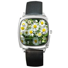 White Summer Flowers, Watercolor Painting Square Metal Watch