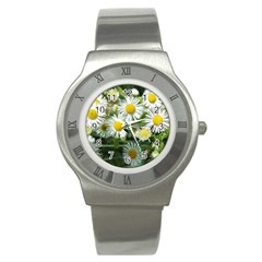 White Summer Flowers, Watercolor Painting Stainless Steel Watch