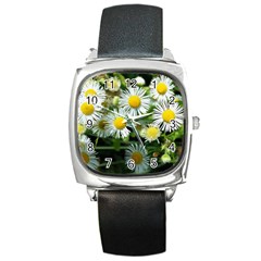 White Summer Flowers Oil Painting Art Square Metal Watch