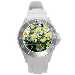 White Summer Flowers Oil Painting Art Round Plastic Sport Watch (l)