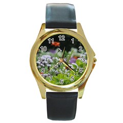 Wild Flowers Round Gold Metal Watch