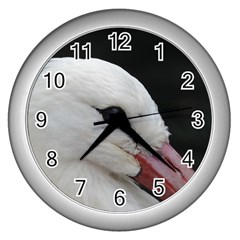 Wild Stork Bird, Close-up Wall Clocks (silver)  by picsaspassion