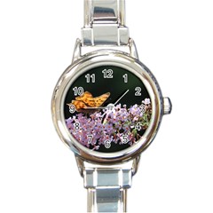 Butterfly Sitting On Flowers Round Italian Charm Watch by picsaspassion