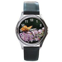 Butterfly Sitting On Flowers Round Metal Watch