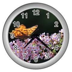 Butterfly Sitting On Flowers Wall Clocks (silver) 