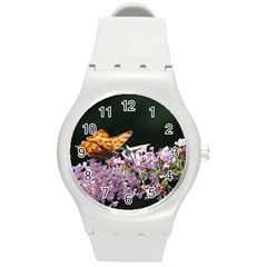 Butterfly Sitting On Flowers Round Plastic Sport Watch (m)