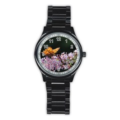 Butterfly Sitting On Flowers Stainless Steel Round Watch