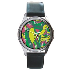 Green Abstract Decor Round Metal Watch by Valentinaart