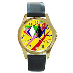 Yellow Abstraction Round Gold Metal Watch by Valentinaart