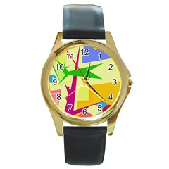 Colorful Abstract Art Round Gold Metal Watch