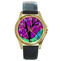 Decorative Tree 2 Round Gold Metal Watch