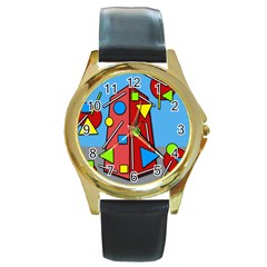 Crazy Building Round Gold Metal Watch by Valentinaart