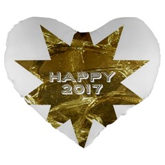 Happy New Year 2017 Gold White Star Large 19  Premium Flano Heart Shape Cushions by yoursparklingshop