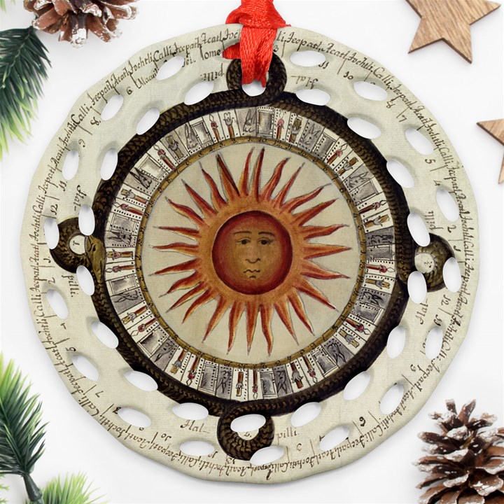 Ancient Aztec Sun Calendar 1790 Vintage Drawing Round Filigree Ornament (2Side)