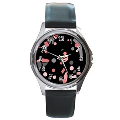 Pink And Gray Abstraction Round Metal Watch