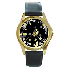 Yellow And Gray Abstract Art Round Gold Metal Watch