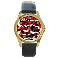 Red Chaos Round Gold Metal Watch by Valentinaart