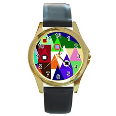 Colorful Houses  Round Gold Metal Watch by Valentinaart