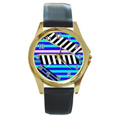 Blue Lines Decor Round Gold Metal Watch