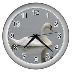 Swimming White Swan Wall Clocks (silver)  by picsaspassion