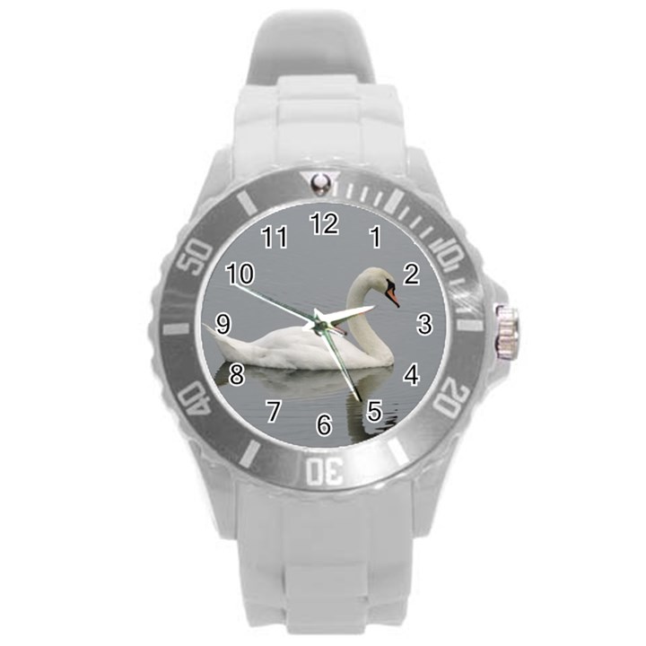 Swimming white Swan Round Plastic Sport Watch (L)