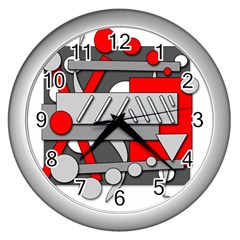 Gray And Red Geometrical Design Wall Clocks (silver)  by Valentinaart