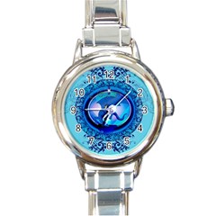 The Blue Dragpn On A Round Button With Floral Elements Round Italian Charm Watch