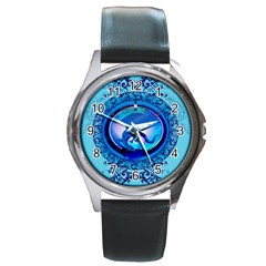 The Blue Dragpn On A Round Button With Floral Elements Round Metal Watch by FantasyWorld7