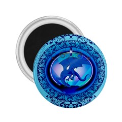 The Blue Dragpn On A Round Button With Floral Elements 2 25  Magnets